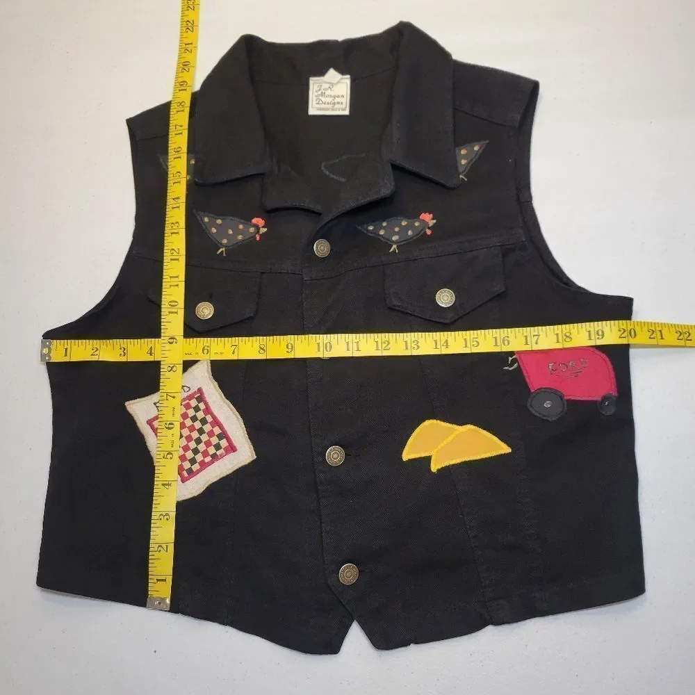 Vintage 80s Black Denim Vest with Embroidered Patches Chickens Farmcore - Picture 16 of 16
